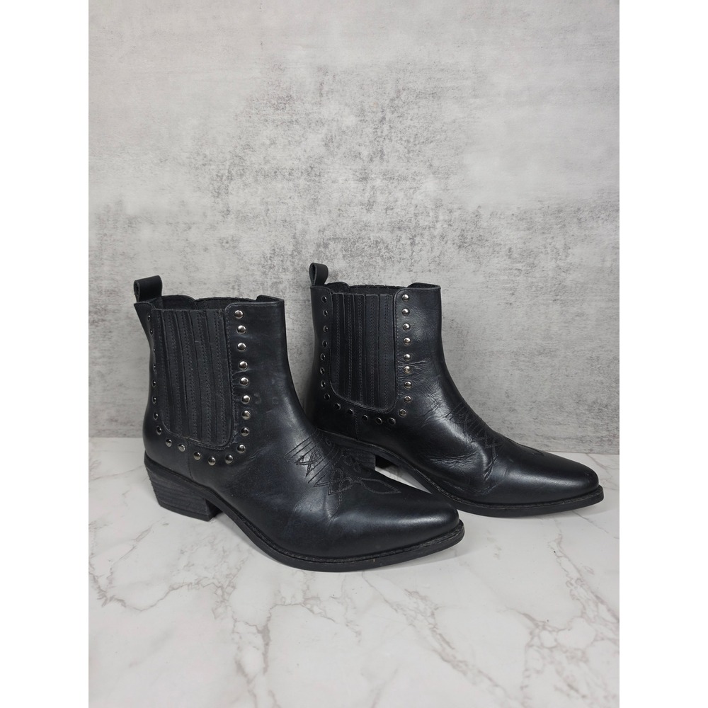 Biker Womens Black Leather Studded Western Ankle Boots Pointed Toe Gore Size 6